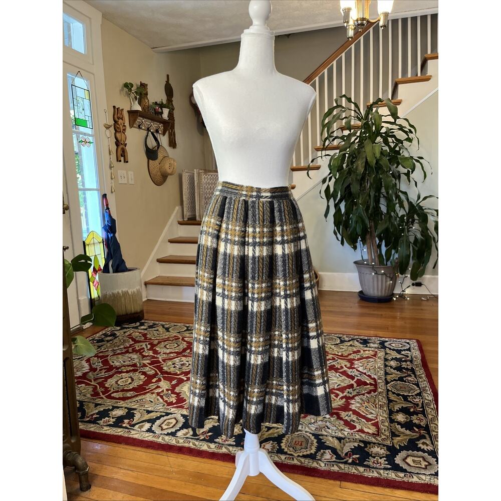 Vintage 26” Plaid 100% Wool Tartan Midi Pleated Skirt Retro Academia Preppy XS S